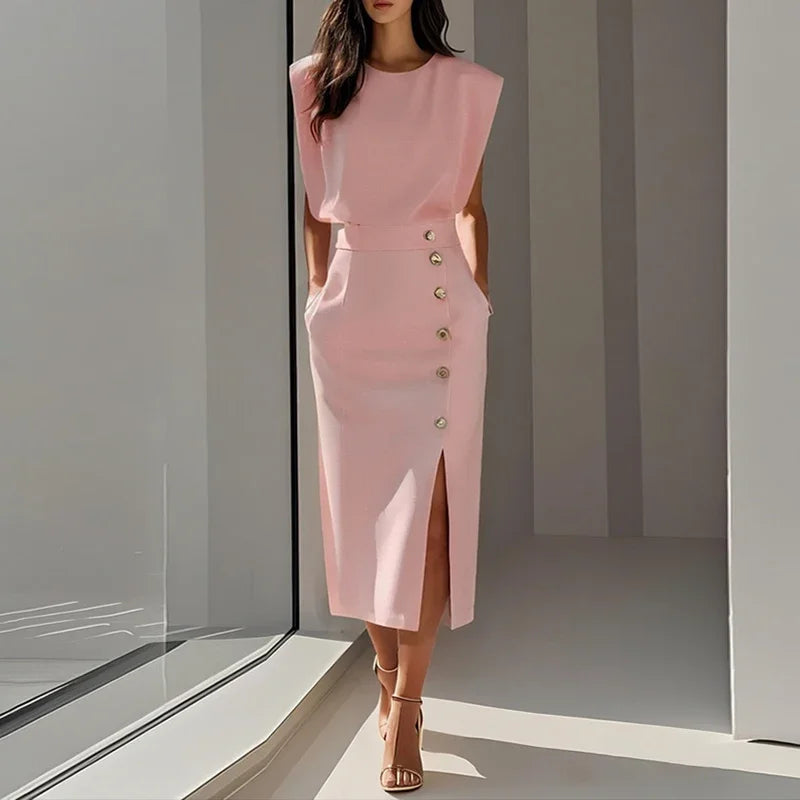 Paula Elegant Button Split Midi Dress
