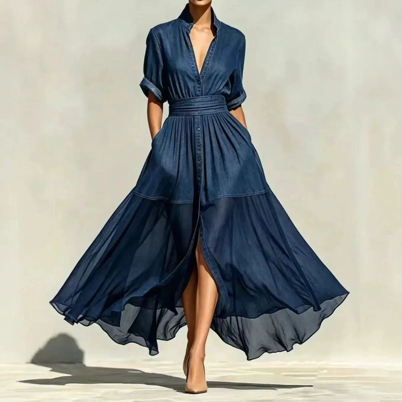 Iris Chiffon Denim Maxi Dress