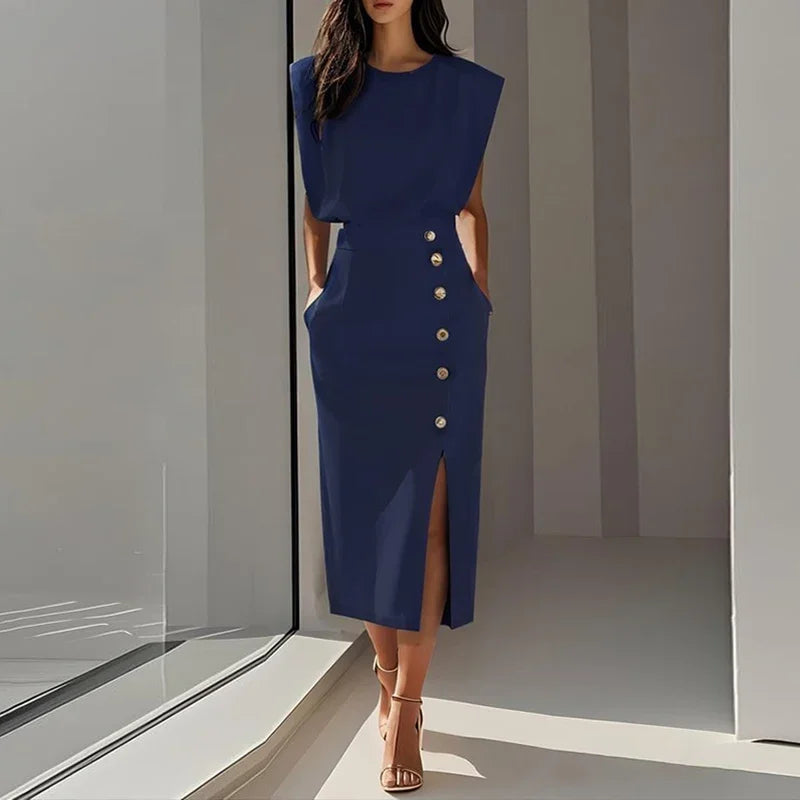 Paula Elegant Button Split Midi Dress