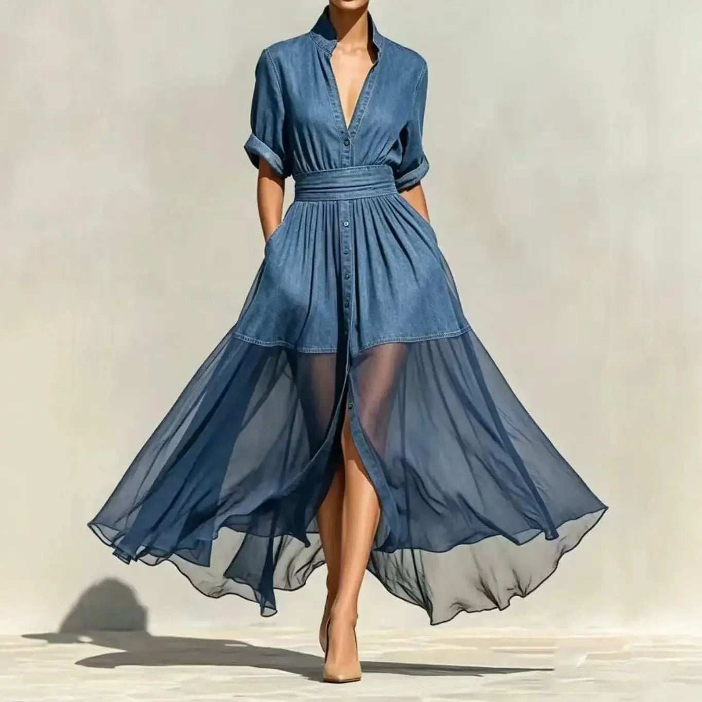 Iris Chiffon Denim Maxi Dress