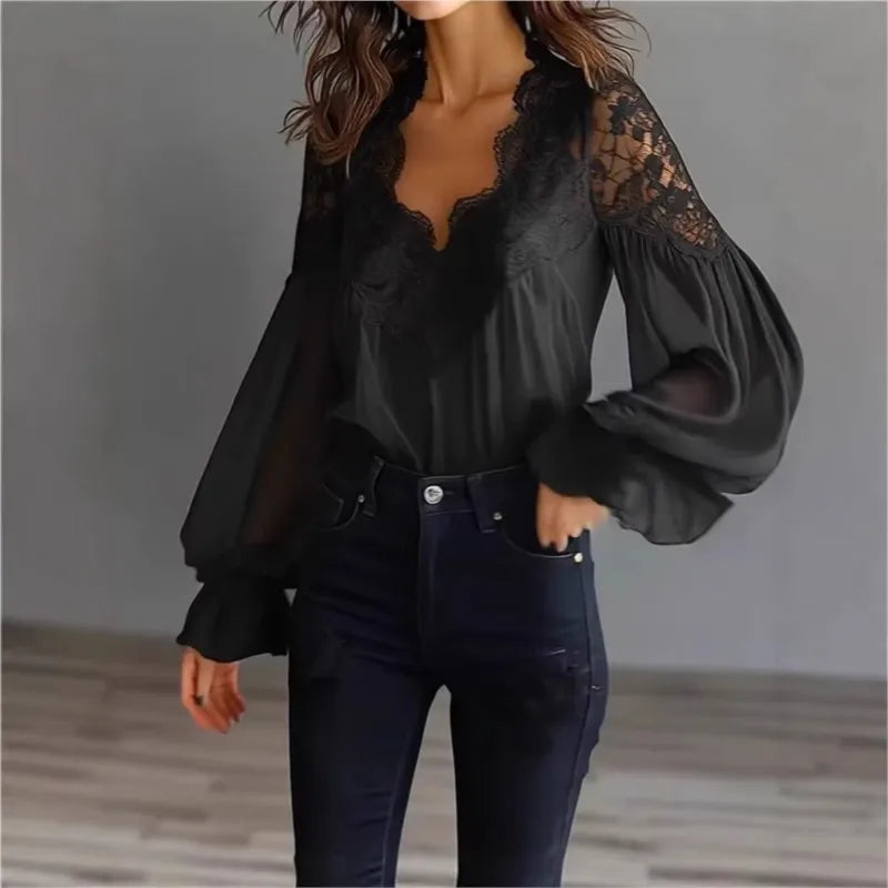 Leona Lace Trim Chiffon Blouse