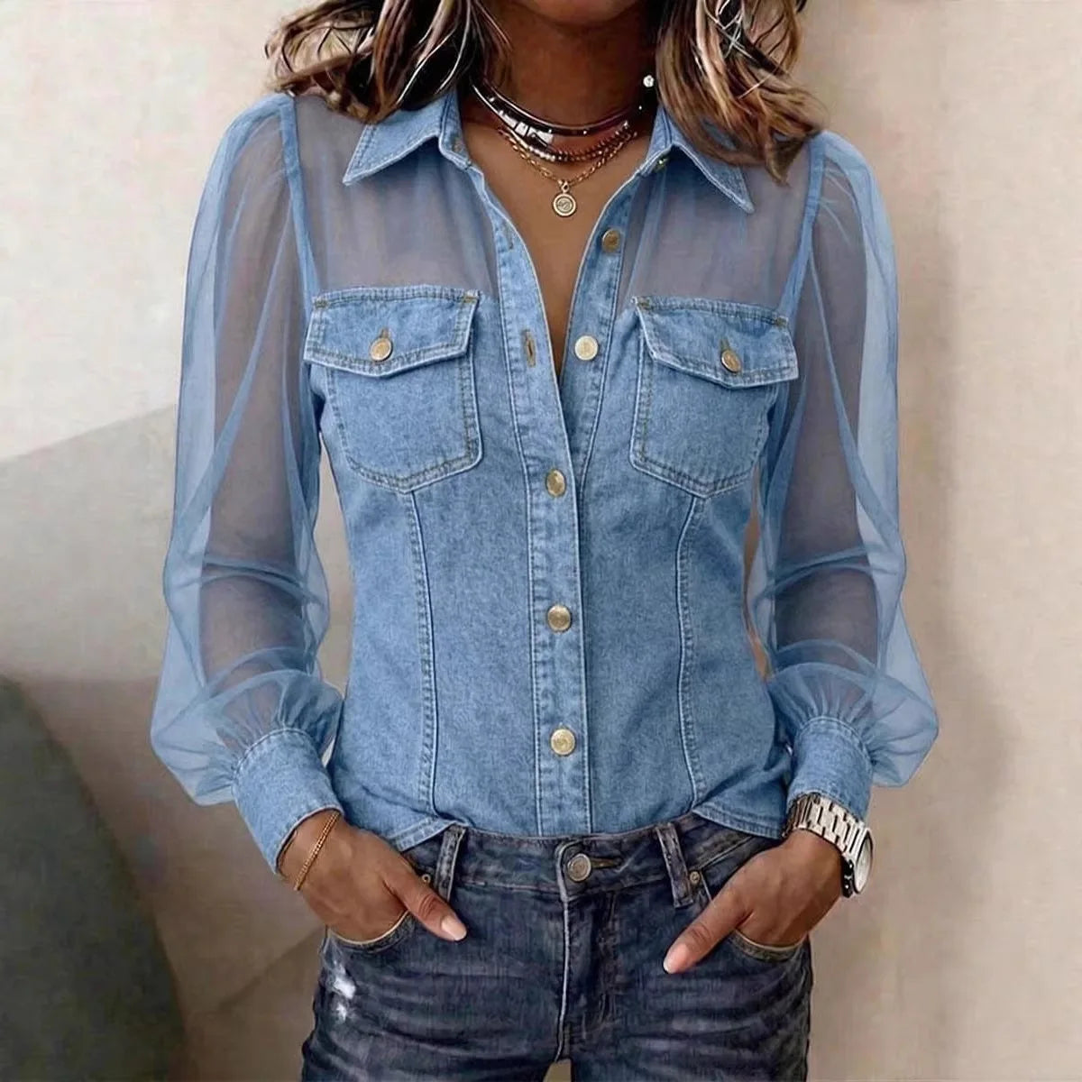 Amelia Sheer Sleeve Denim Blouse