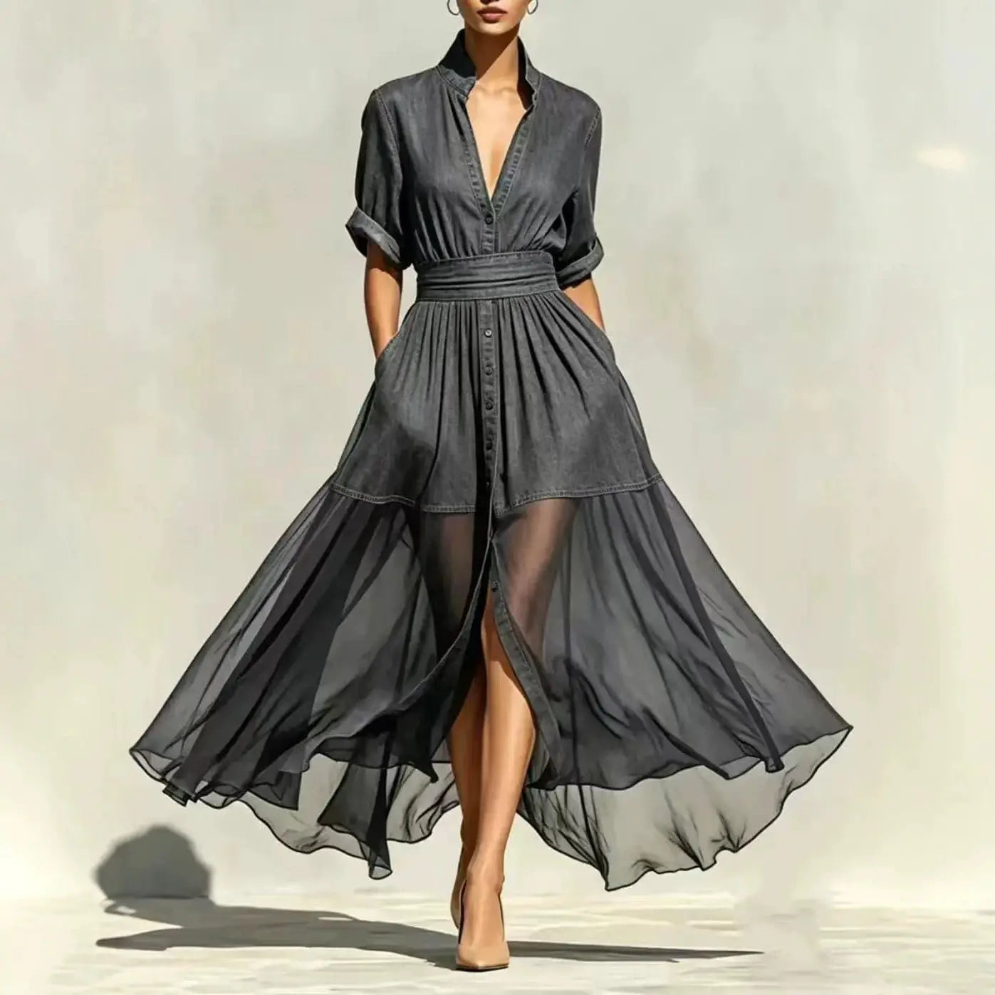 Iris Chiffon Denim Maxi Dress