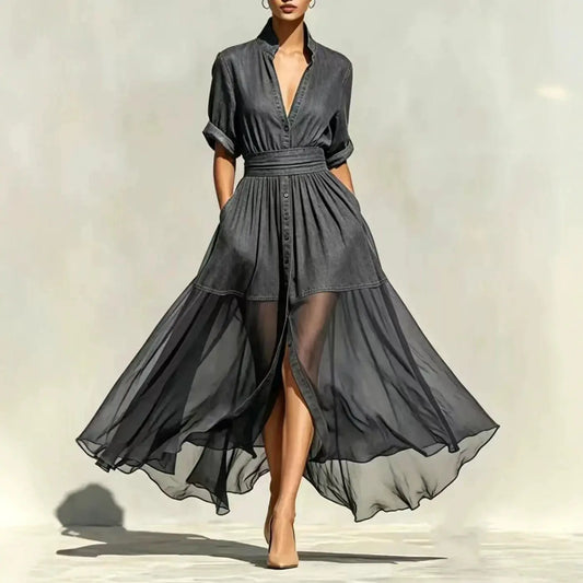 Iris Chiffon Denim Maxi Dress