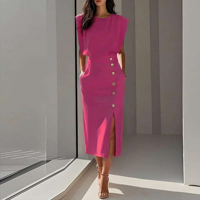 Paula Elegant Button Split Midi Dress