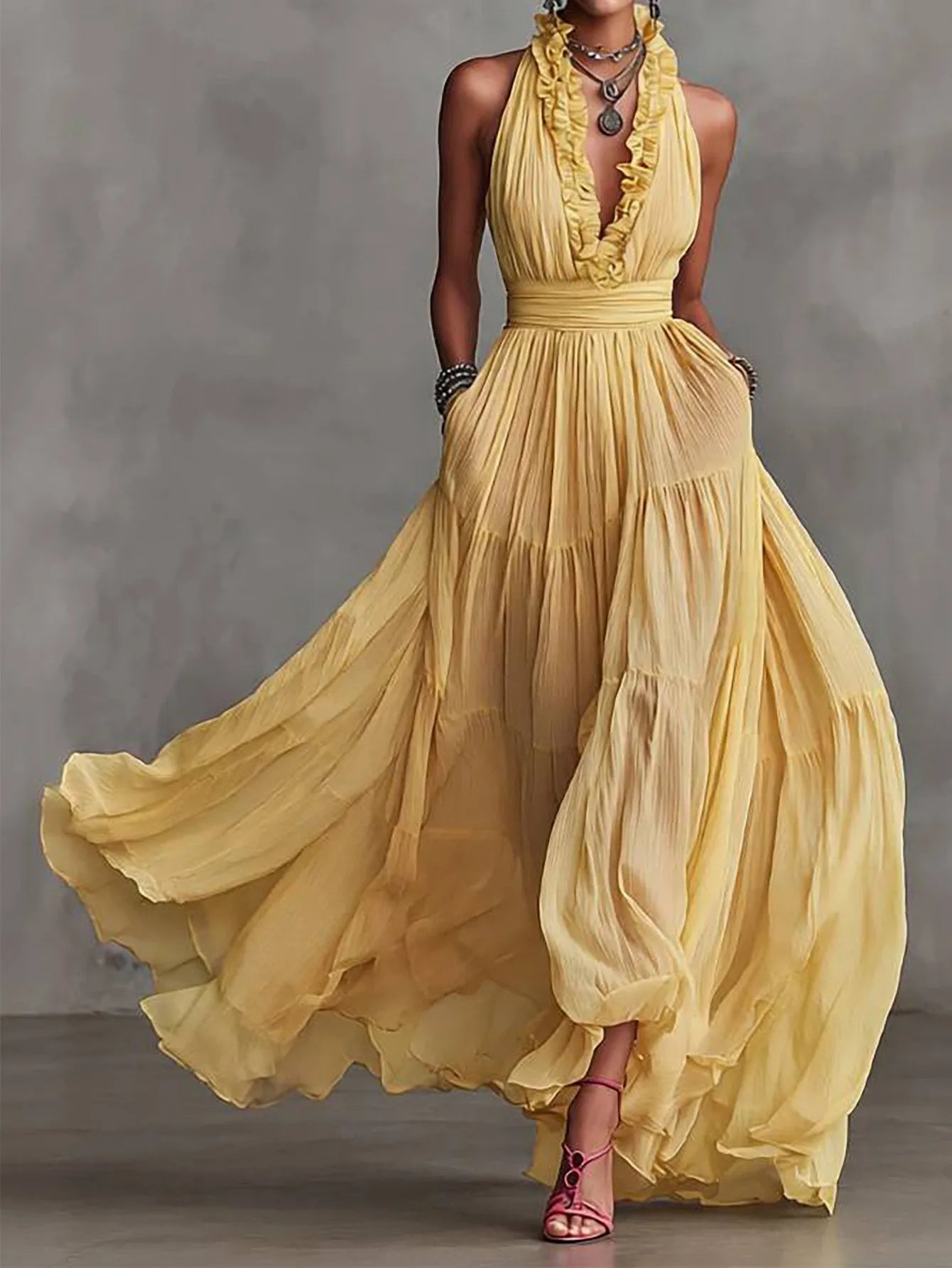 Liliana Ruffle Trim Evening Maxi Dress