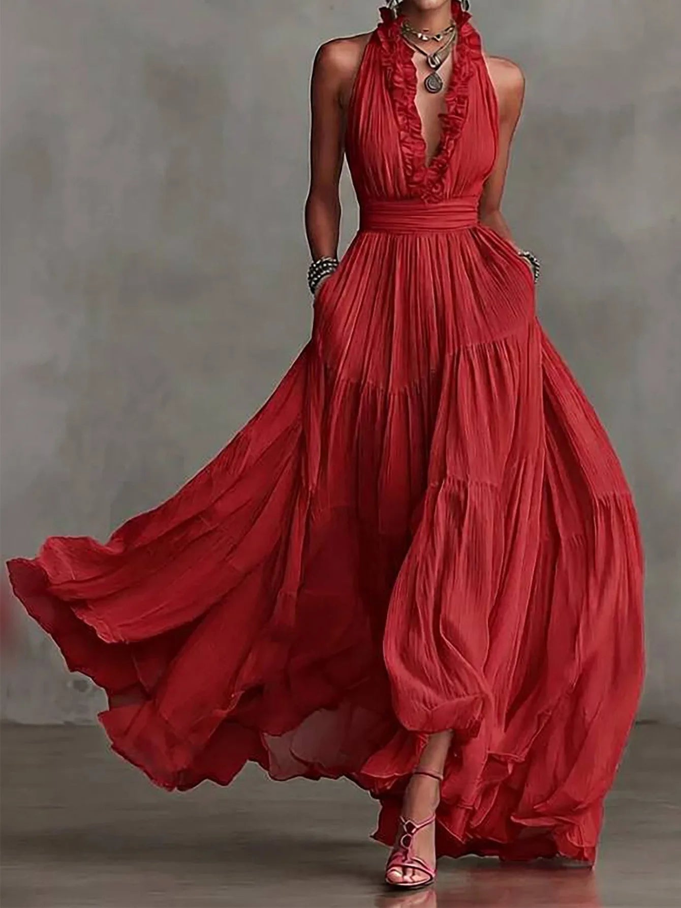 Liliana Ruffle Trim Evening Maxi Dress