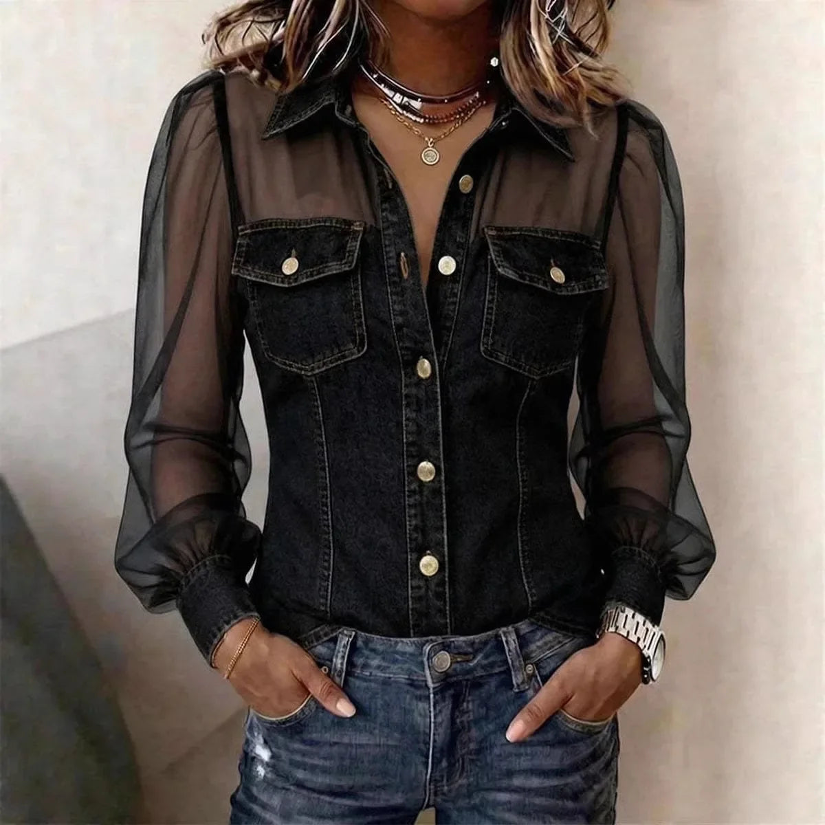 Amelia Sheer Sleeve Denim Blouse