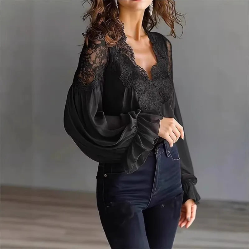 Leona Lace Trim Chiffon Blouse