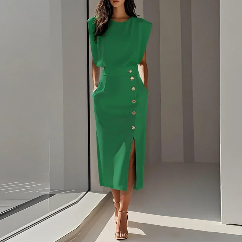 Paula Elegant Button Split Midi Dress