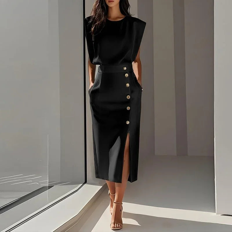 Paula Elegant Button Split Midi Dress