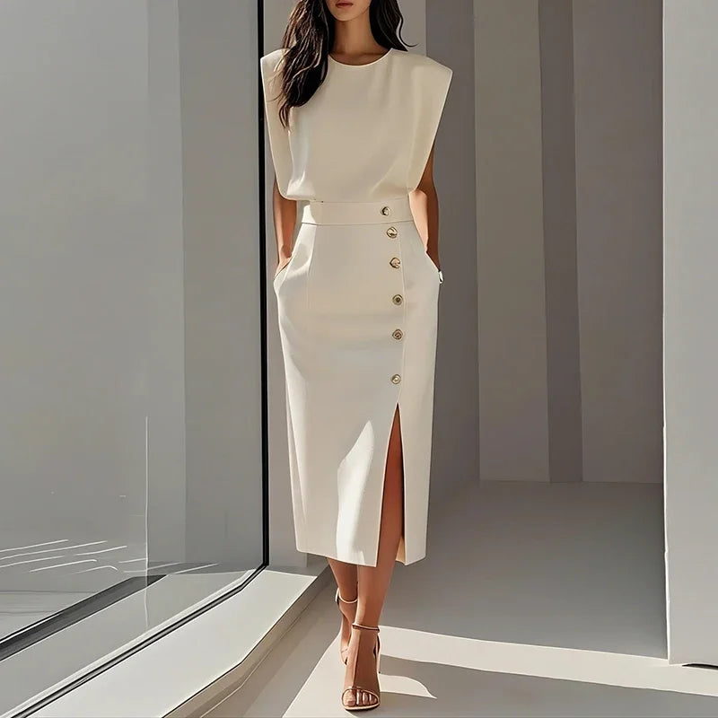 Paula Elegant Button Split Midi Dress