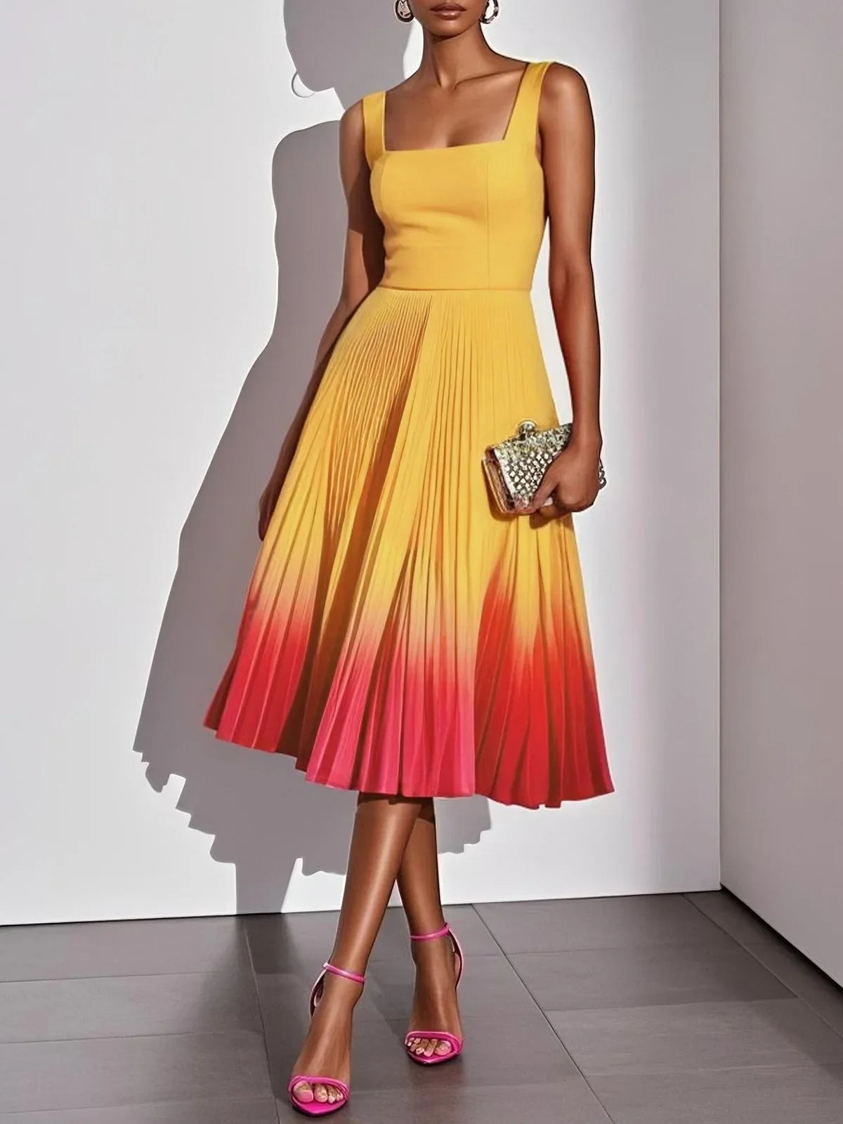 Tindra Pleated Ombre Party Midi Dress