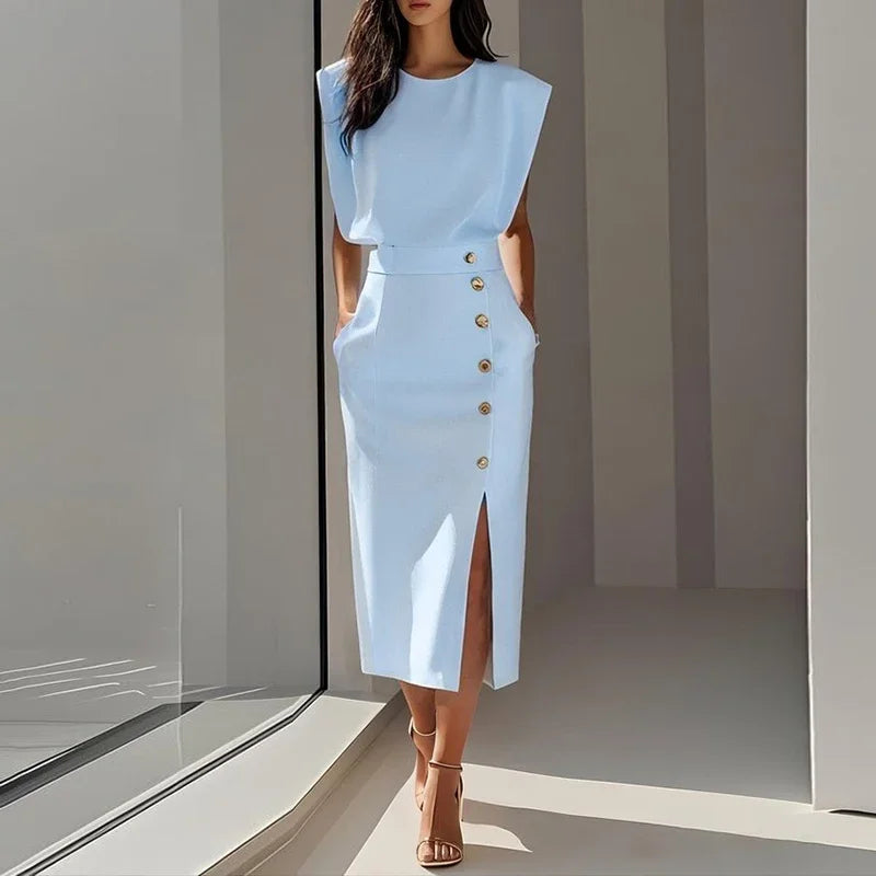 Paula Elegant Button Split Midi Dress