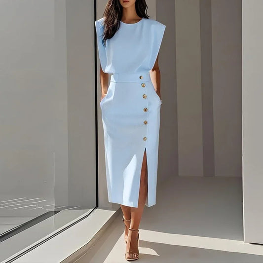 Paula Elegant Button Split Midi Dress
