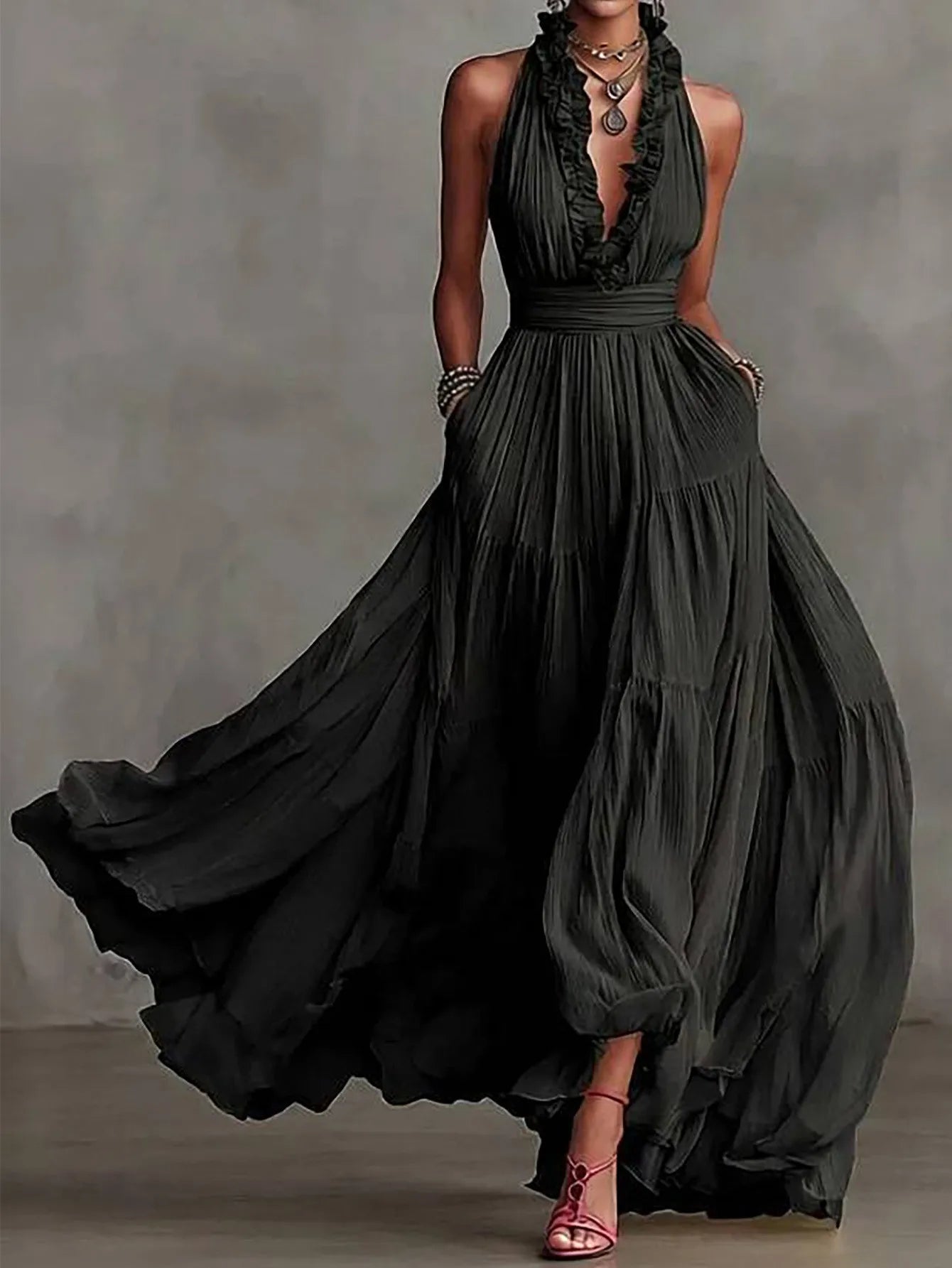 Liliana Ruffle Trim Evening Maxi Dress