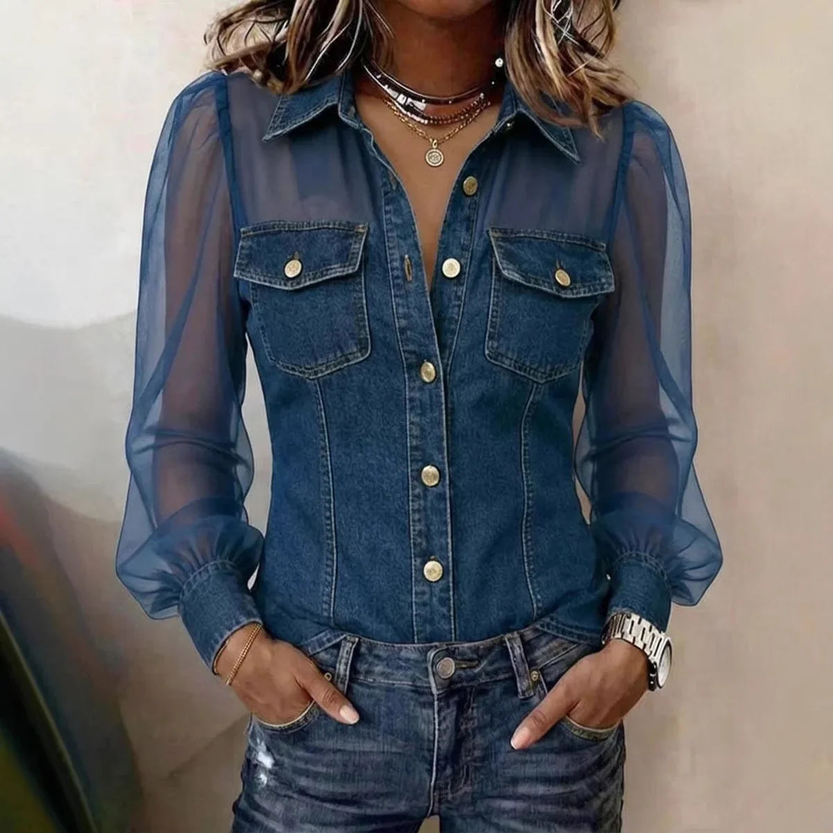 Amelia Sheer Sleeve Denim Blouse