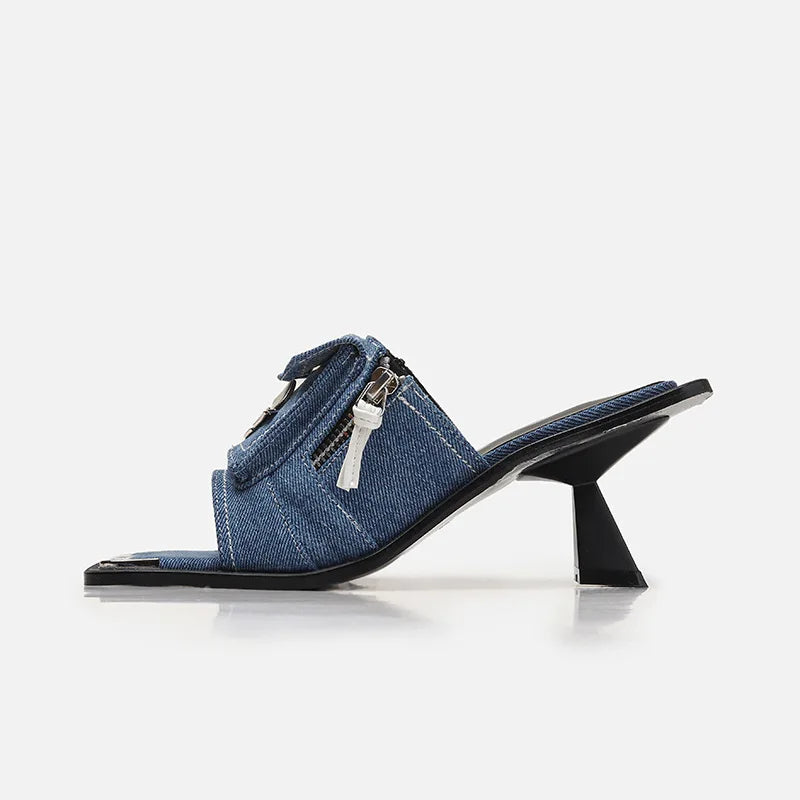 Monica Denim Open Toe Heels