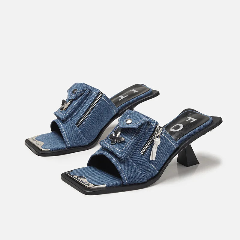 Monica Denim Open Toe Heels