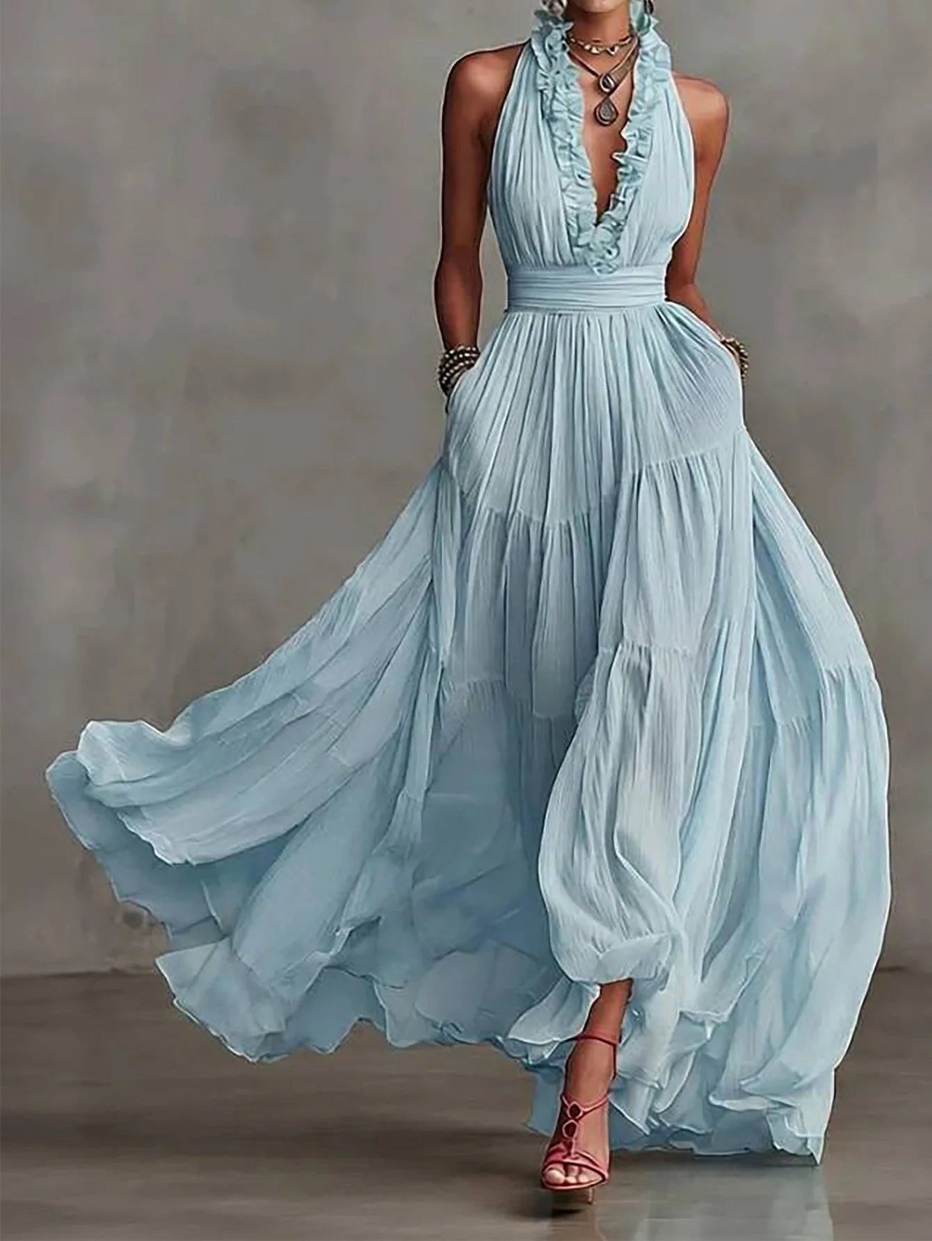 Liliana Ruffle Trim Evening Maxi Dress