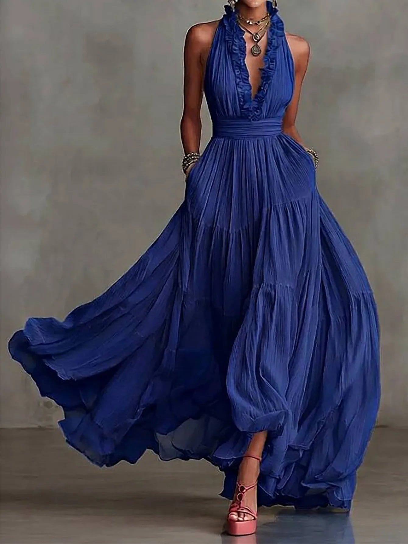 Liliana Ruffle Trim Evening Maxi Dress